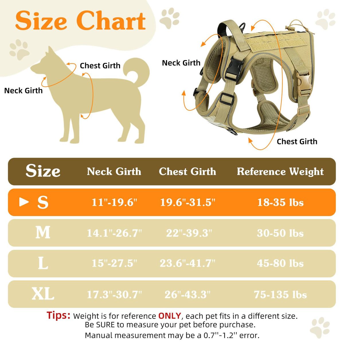 Heavy Duty Tactical Dog Harness for Small Dogs (Army Yellow / S (Chest: 19.6-31.5", Neck: 11-19.6"))