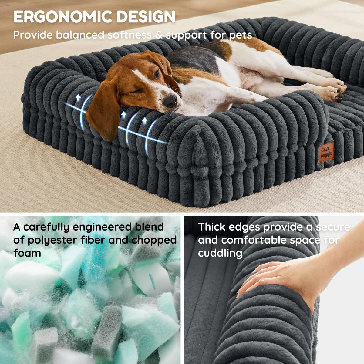 Faux Fur Orthopedic Dog Bolster Bed (Rectangular Dark Grey / L(35*28*7))