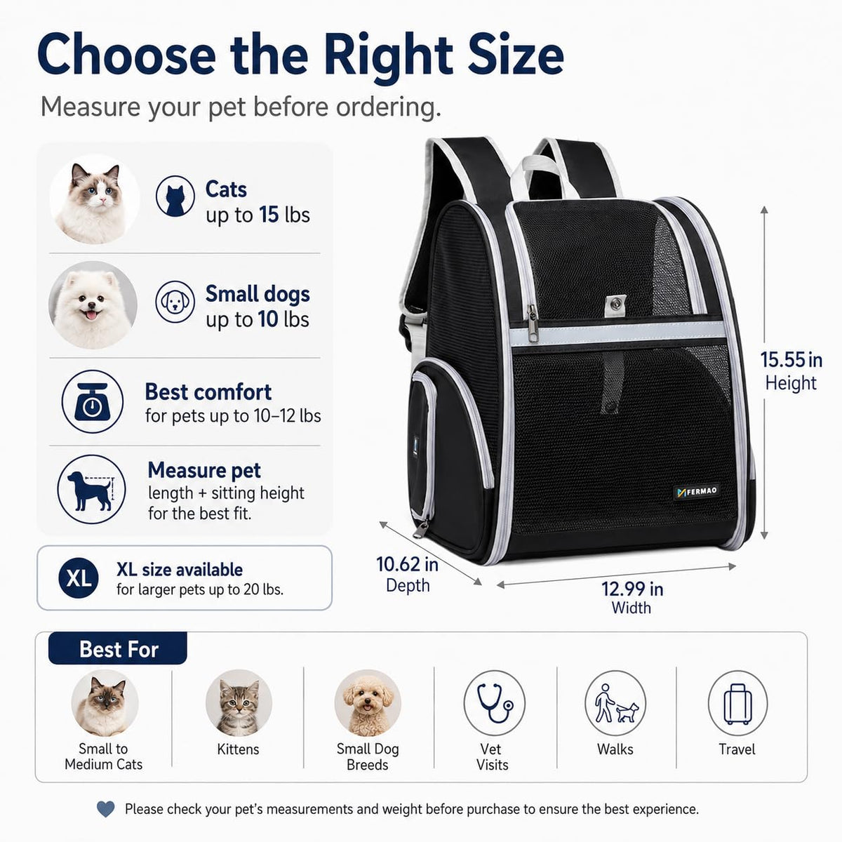 Cat Backpack Carrier for Small Dogs and Medium cat Puppy Kitten Bunny Pet Carrier Backpack Collapsible with Fully Ventilated Mesh with Safety Leash (Black / 12.9"L x 10.6"W x 15.5"H)