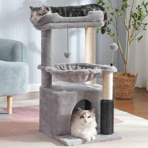 Cat Tree 32” Small Cat Tower with Large Hammock 16”& Self Groomer (Medium-32" / Gray)