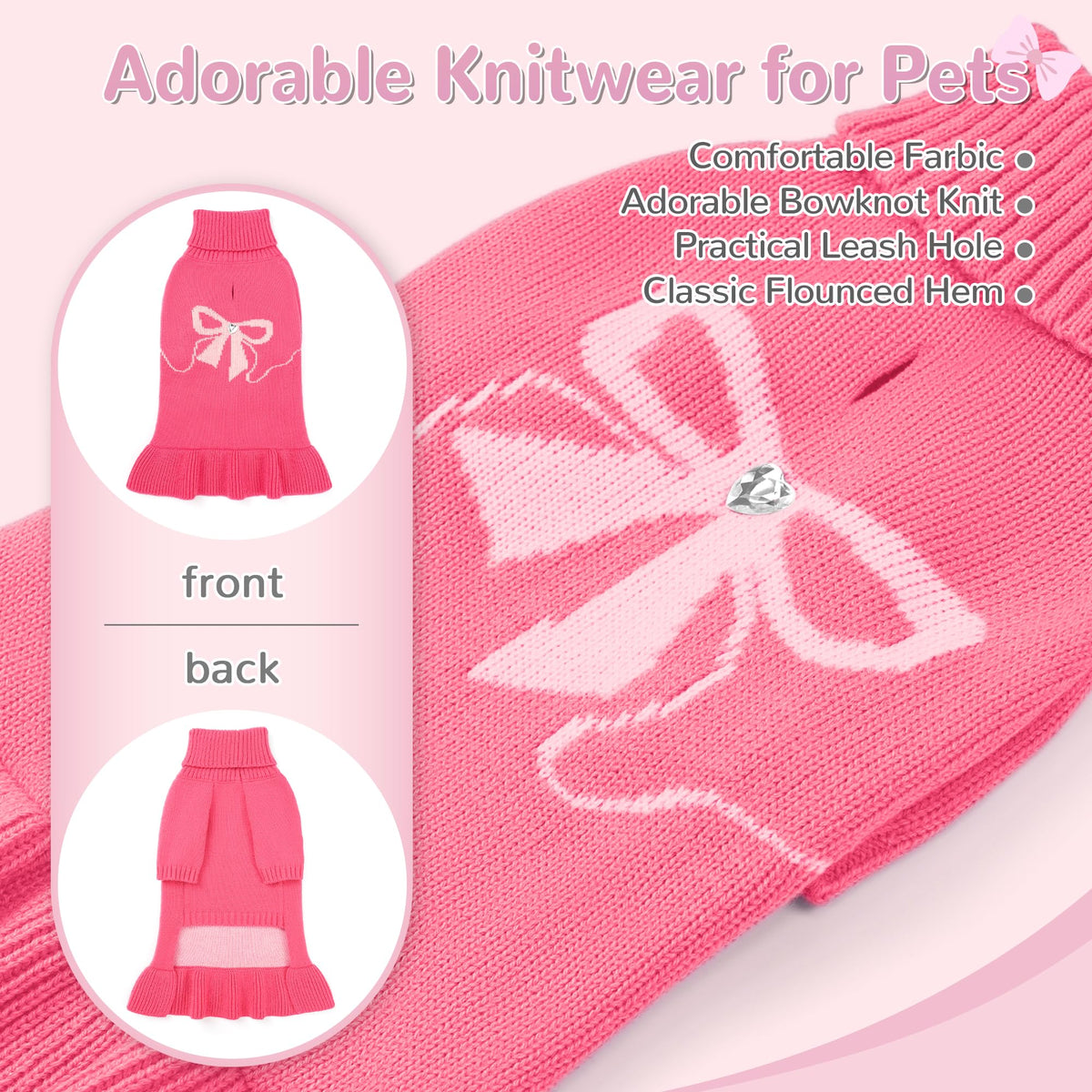 Bowknot Dog Sweater Dress for Small Dogs Girl (Medium (8-14lbs) / Rose Pink)