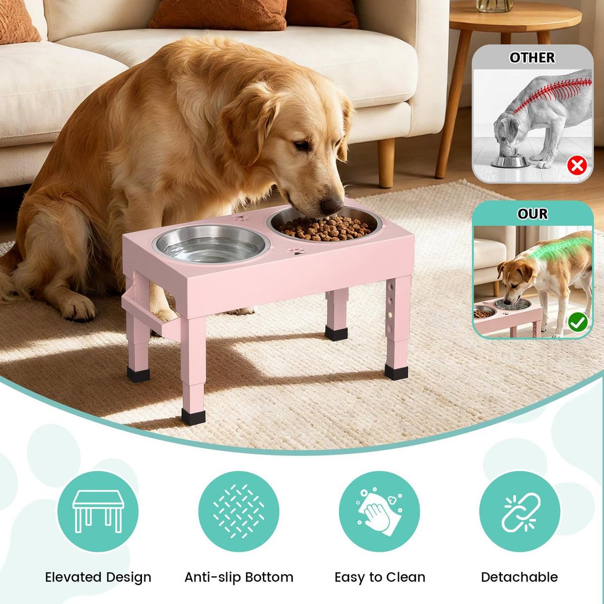 Elevated Dog Bowls Stand Large Breed (Pink)