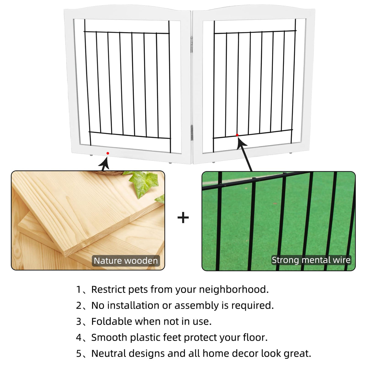 Freestanding Foldable Dog Gate for House Extra Wide Wooden White Indoor Puppy Gate Stairs Pet Gates Doorways Pet Gate Tall Dog Fence 2 Panels (White / 【2 Panels】40''w x 24''h)