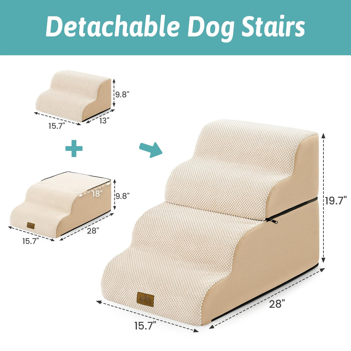 Detachable Small Dog Stairs 19.7" H (Beige / Detachable 15.7" x 28.3" x 19.7")