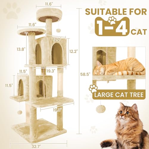58.5inch Large Cat Tree Tower Condo for Indoor Cats (58.5in / Beige Almond)