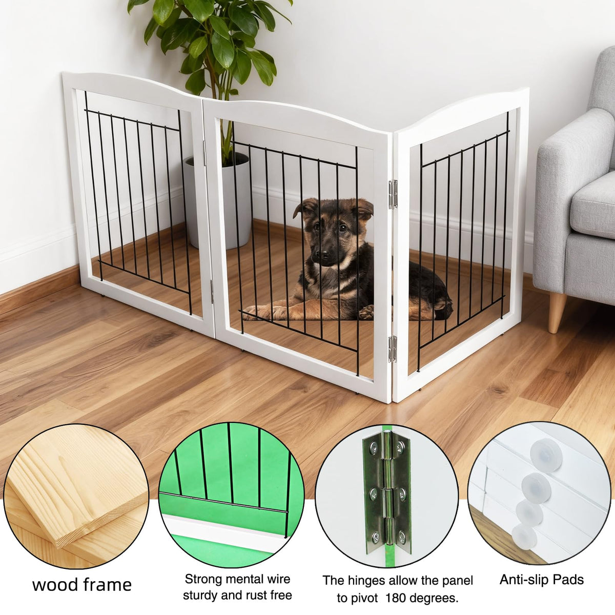 Freestanding Foldable Dog Gate for House Extra Wide Wooden White Puppy Gate Stairs Dog Gates Doorways Tall Pet Gate 3 Panels Pet Fence (White / 【3 Panels】60''w x 32''h)