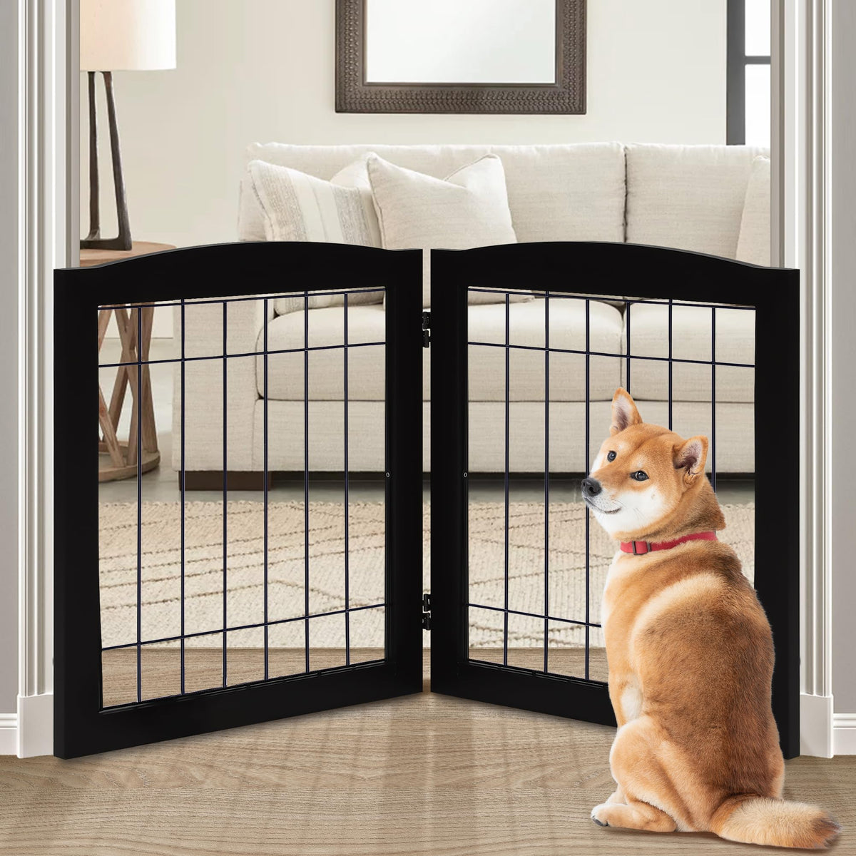 2 Panel Freestanding Foldable Wood Dog Gate (24"Height-2 Panel / Black)