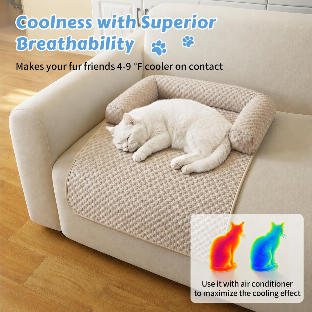 Cooling Pet Bed Mats with Neck & Head Support (Cooling-Khaki / Small(31.5"Lx23.62"Wx5.91"Th))
