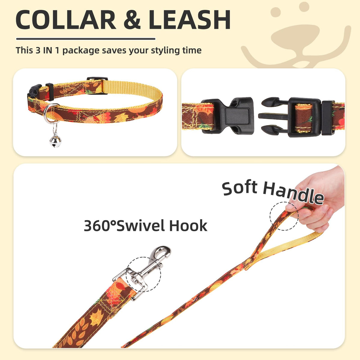 Dog Harness Collar and Leash Set No Pull for Small Medium Sized (Brown&Yellow (Fall) / XS (CHEST 13"-14.5"))