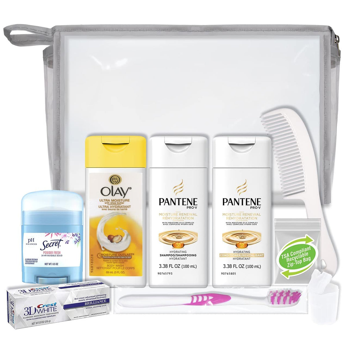 Women's 10 Piece Deluxe Kit with Travel Size TSA Compliant Essentials (Quart / Olay Kit)