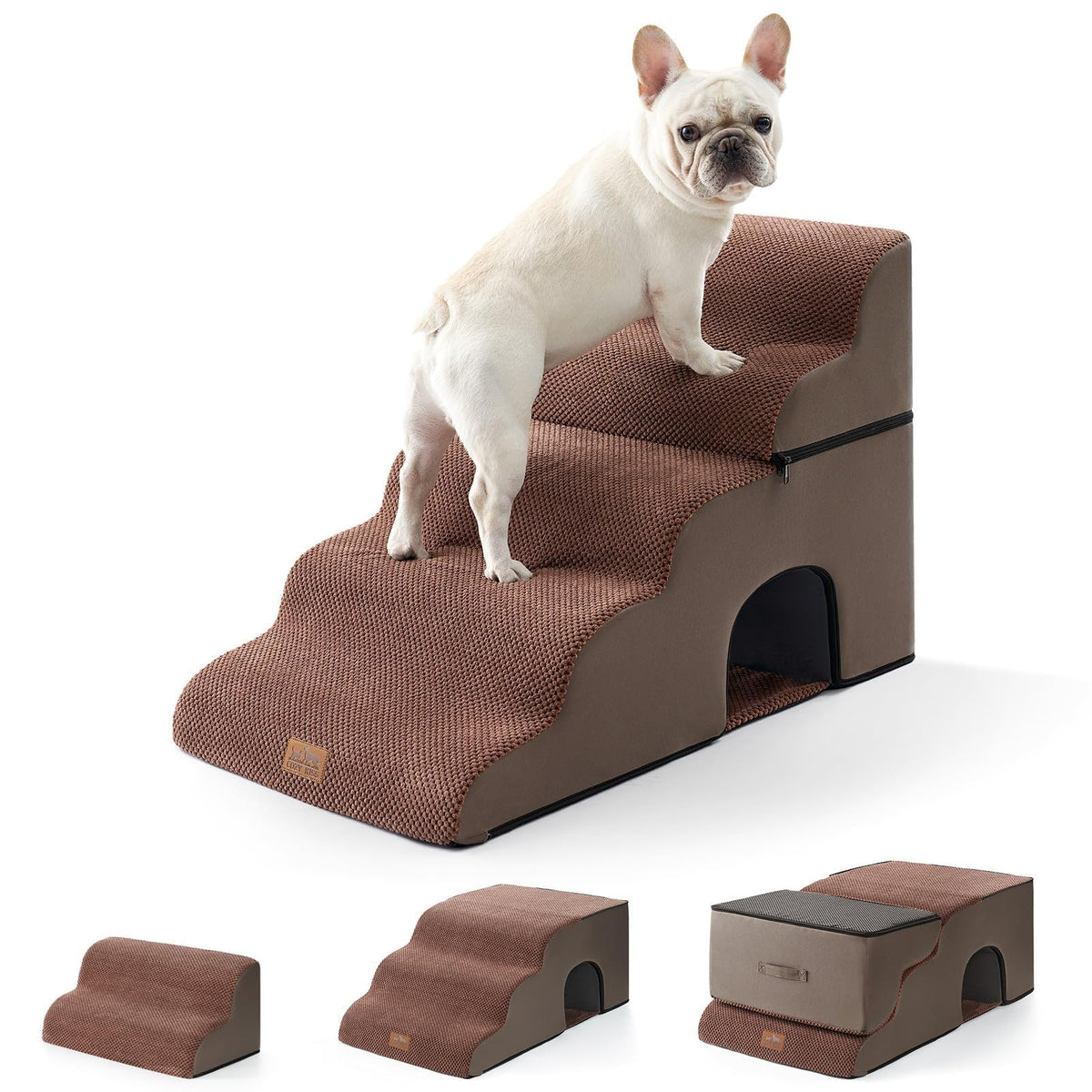 Extra Wide Small Dog Stairs with Tunnel (Brown / Detachable 19.7" x 33" x 22.4")