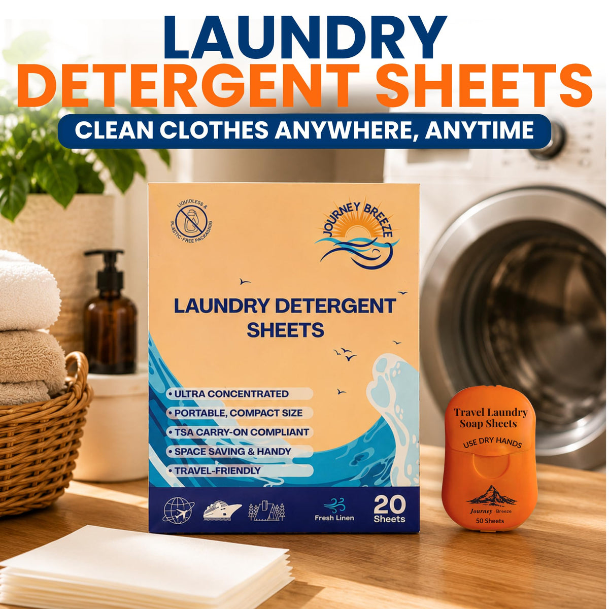 Travel Laundry Detergent Sheets Bundle (Pocket Sheets (50) + Machine Wash Backup Sheets (20))