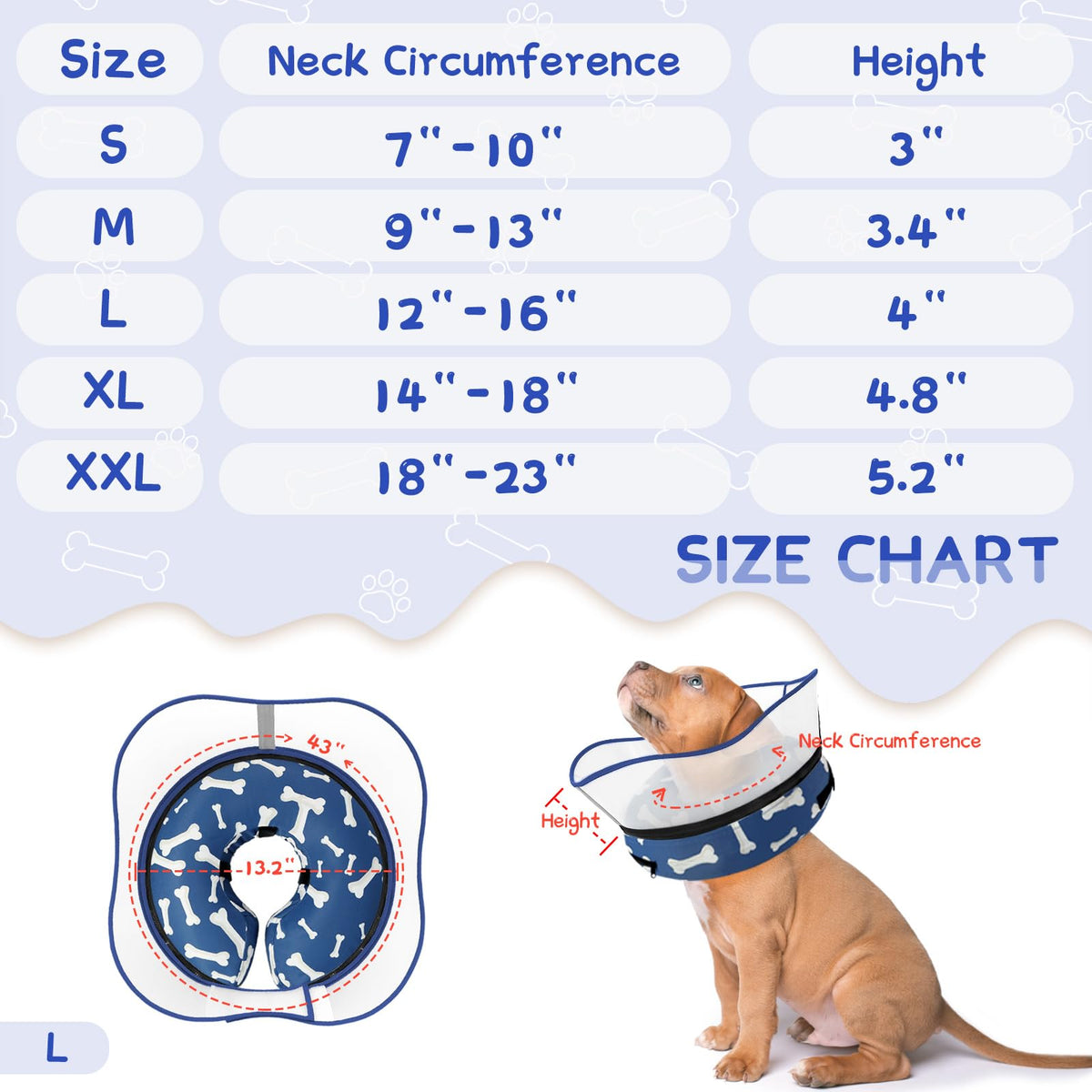 Raised Inflatable Dog Cone Collar to Stop Licking (T Bone Navy / L(Neck 12"-16"))
