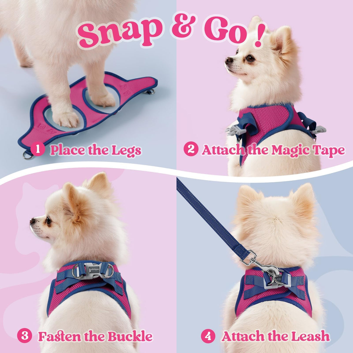 Dog Harness Small Sized and Leash Set (Rose Red & Navy Blue / XS (Chest: 13.3"-15.5"))
