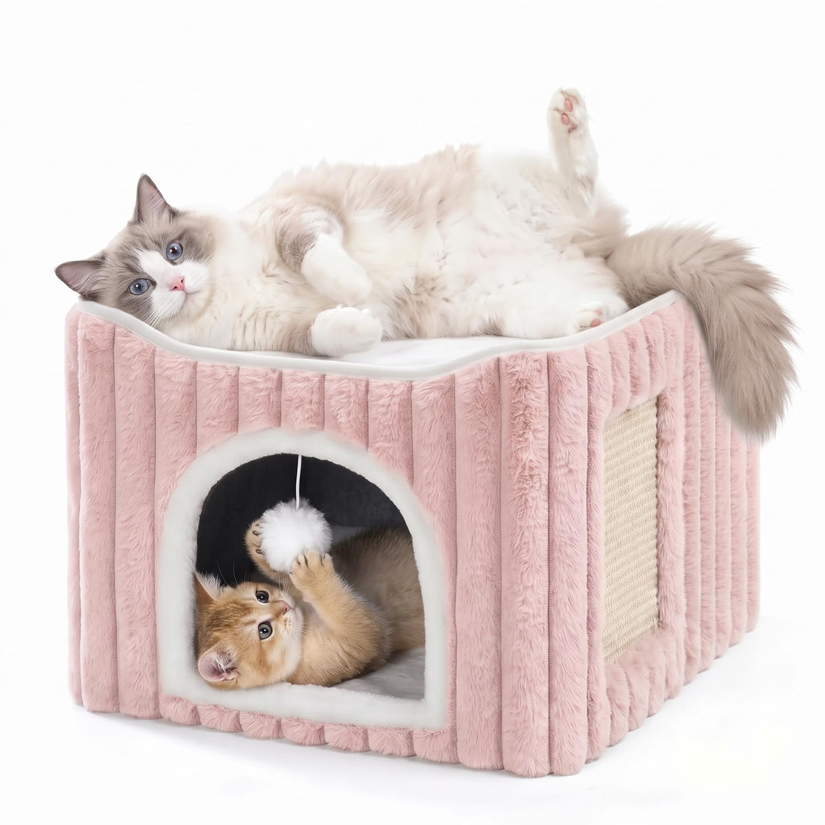 3-in-1 Cat Cave Bed for Indoor Cats with Scratch Pad (Pink)