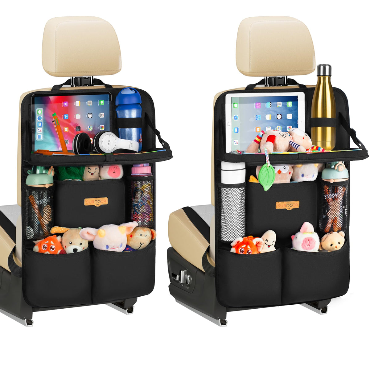 Backseat Car Organizer with Foldable Tray for Kids & Adults (Black (2 Pack))