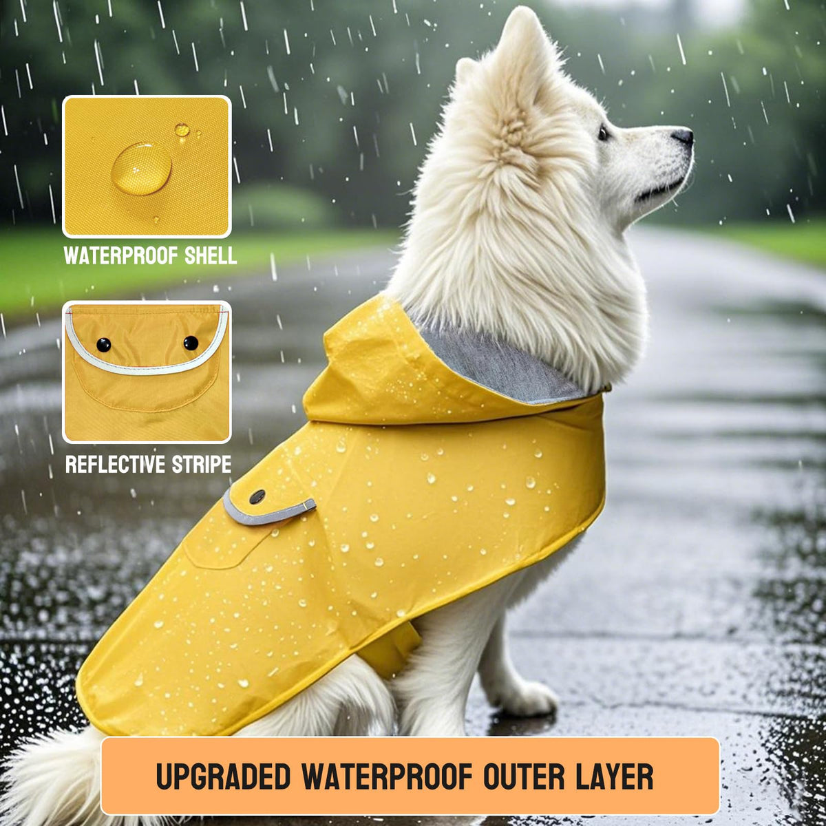 Dog Raincoat Dogs Rain Jacket Reflective Poncho Waterproof Pet Clothes Lined Rainwear Pocket Hooded Leash Hole Adjustable for Small Medium Dogs Puppy (Yellow / M:Back Length 10.5")