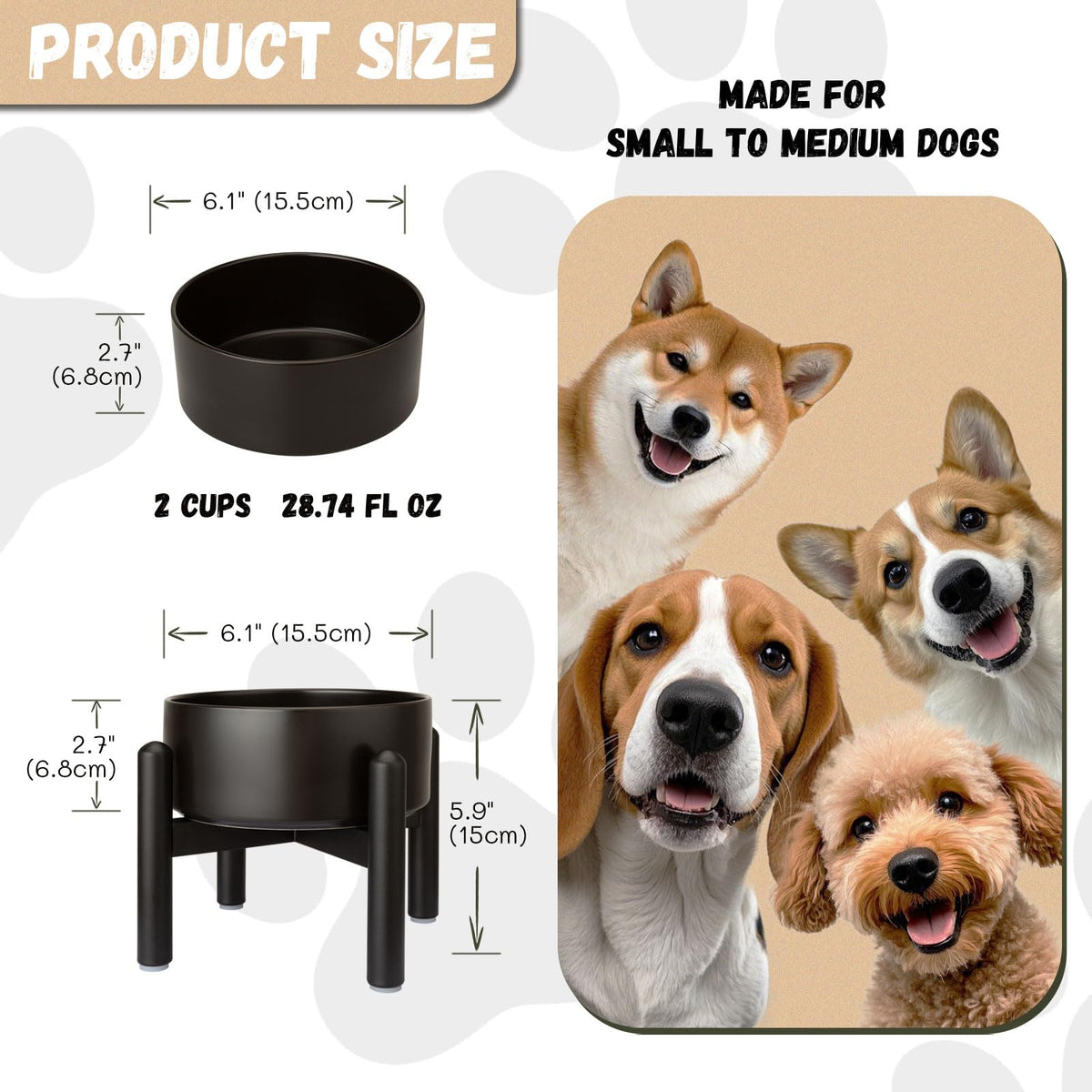 Raised Ceramic Dog Bowl Set with Stand (Black / 1 Bowl - 3.5 Cups)