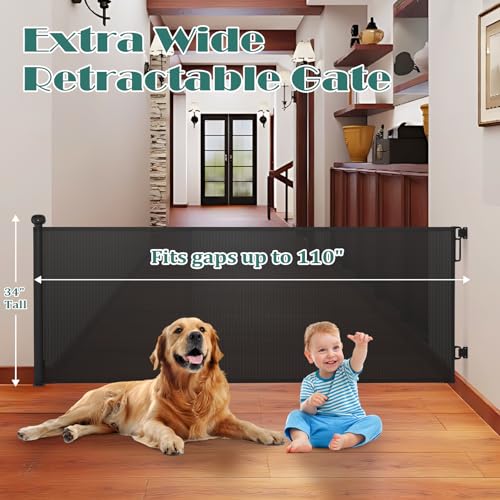 Retractable Baby Gate for Stairs (Black / 110" Wide x 34" Tall)