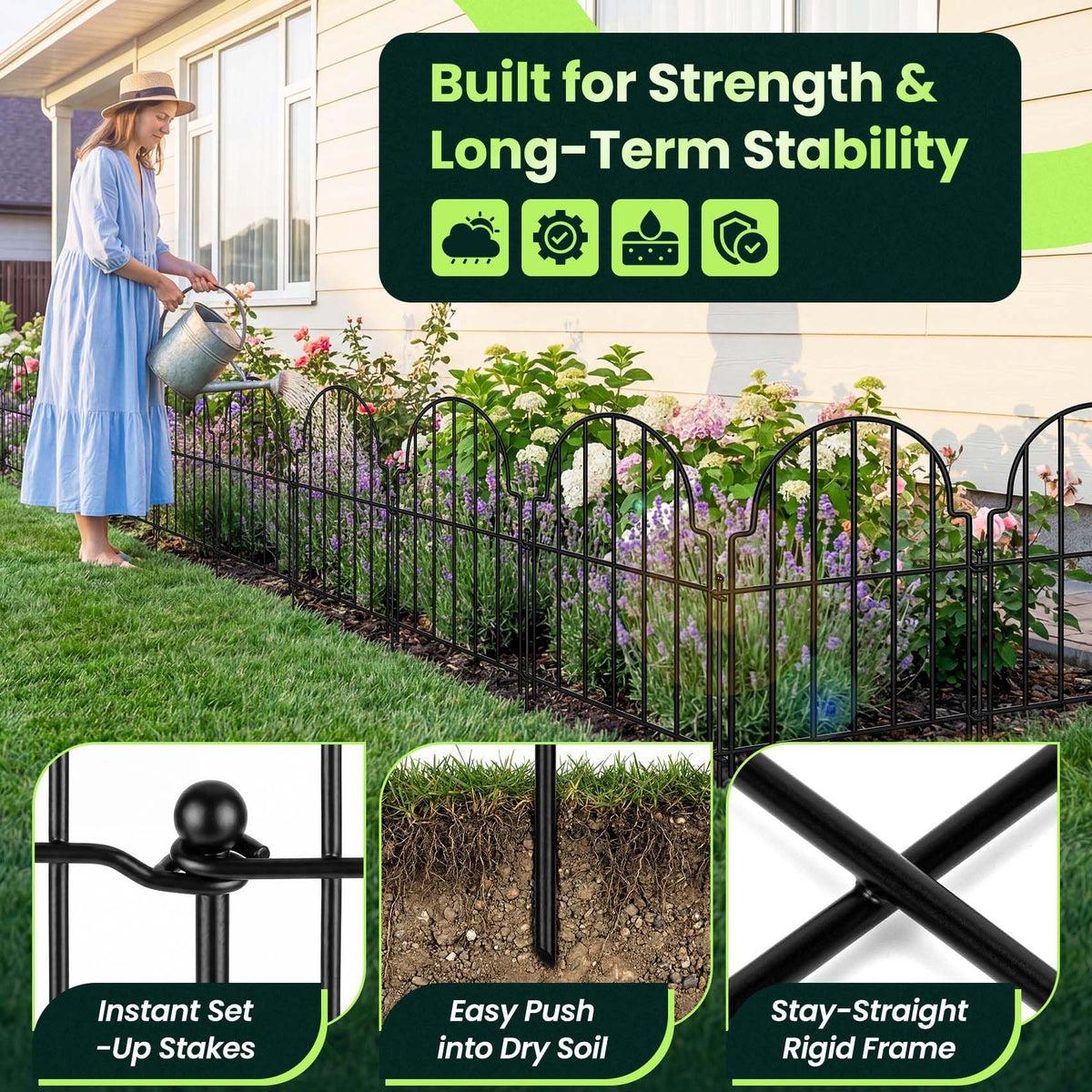Decorative Garden Fence Panels 10 Pack (Black / 10 Pack - 16in (H) x 11ft (L))