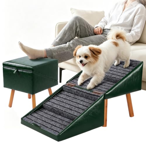 Dog Stairs for Small Dogs Faux Leather Foldable Pet Ramp and Ottoman (Olive Green / XL(17.13”H))