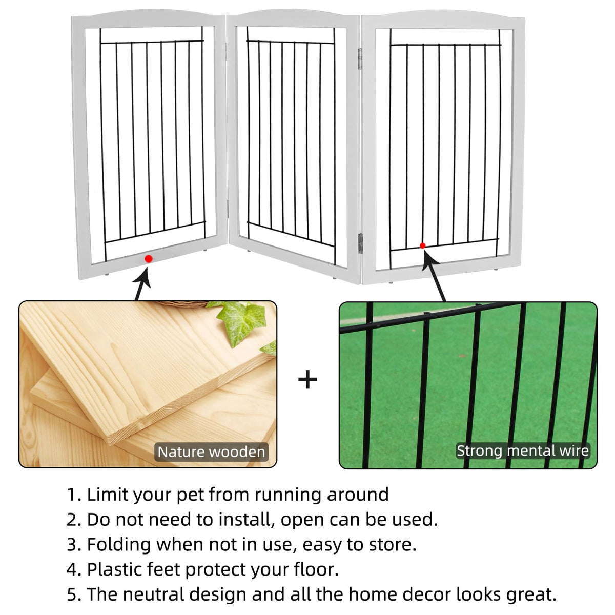Freestanding Foldable Dog Gate for House Extra Wide Wooden White Puppy Gate Stairs Dog Gates Doorways Tall Pet Gate 3 Panels Pet Fence (White / 【3 Panels】60''w x 32''h)