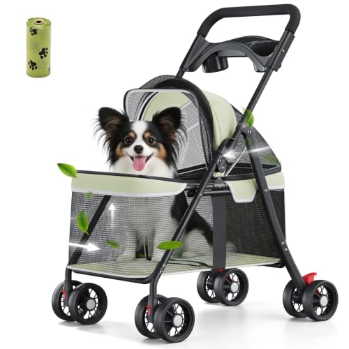 Foldable Pet Stroller for Small Dogs and Cats (★Green 【Full Mesh】)