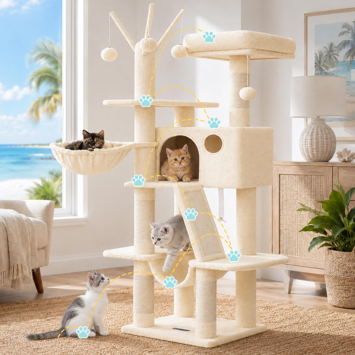 Cat Tree Tower with Padded Platform Bed (53 Inch / Beige)