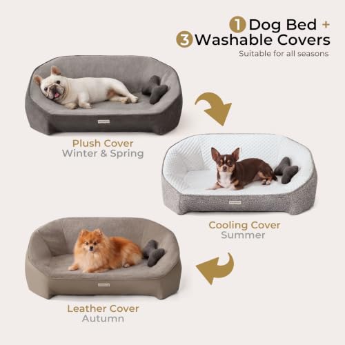 Dog Bed for Small Dogs with 3 Covers (Leather-Dark Gray-Light Gray / 30"L x 21.6"W x 10.44"Th)