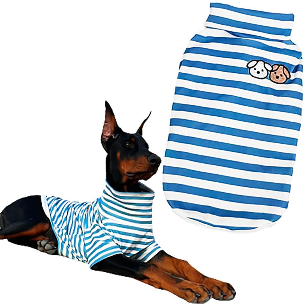 Turtleneck Dog Shirt Cute Doggie Embroidery Super Soft Dog Sweatshirt Stretchy Striped Puppy Pullover for Cats Small Medium Large Dogs (Blue Striped / XXX-Large)