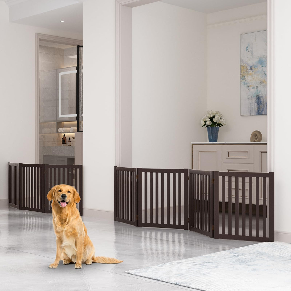 Freestanding Pet Gate 4 Panel Wooden Step Over Dog Gate (Espresso / 4 Panel 80" Wide)