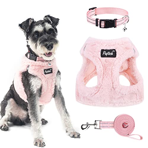 Dog Harness Collar and Leash Set No Pull for Small Medium Sized (Plush Pink / M (CHEST 16"-18"))