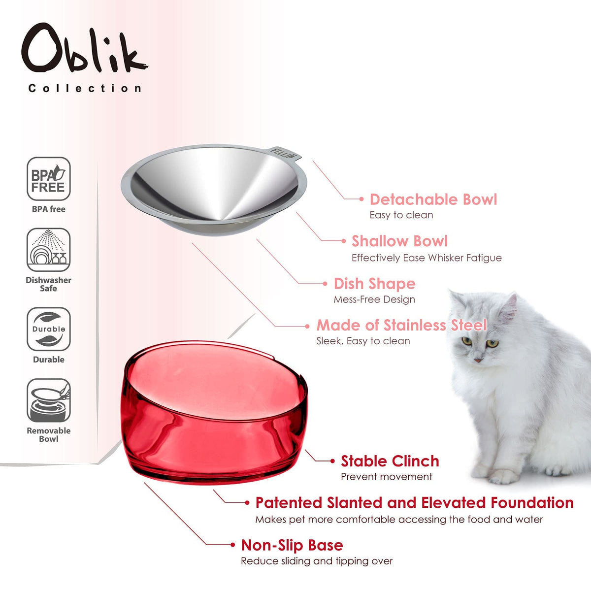 Pet Oblik Acrylic Raised Dog Food Water Bowl Stainless Steel Slanted Oval Dish for Short Leg Puppy & Small Medium Pet (Pink / 1.5 Cups Oval Dish)