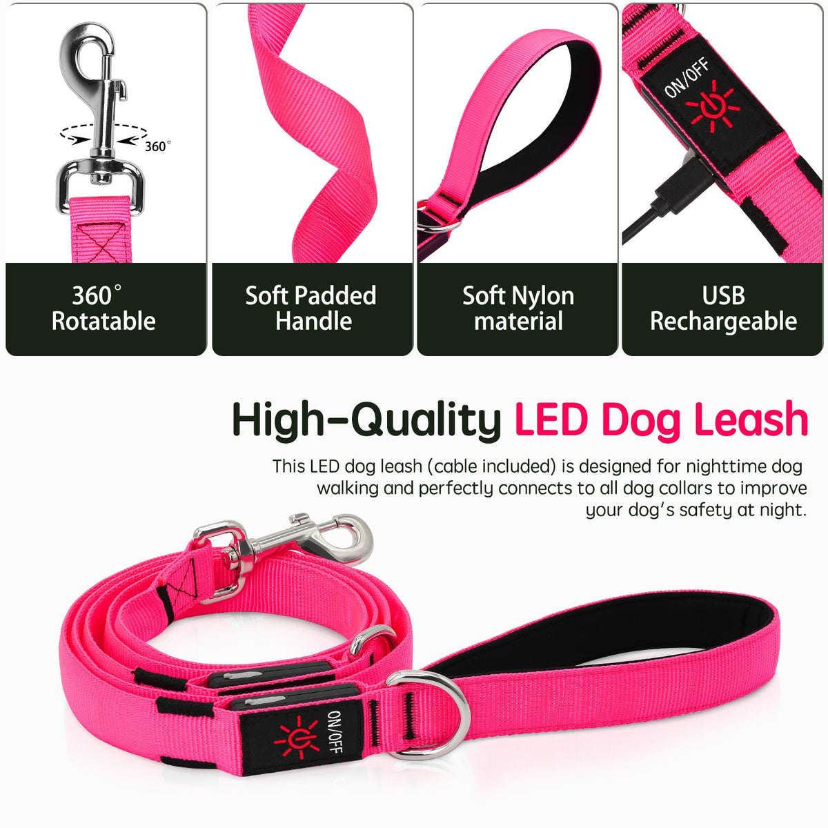 LED Light Up Dog Leash (Pink / 6 Ft)