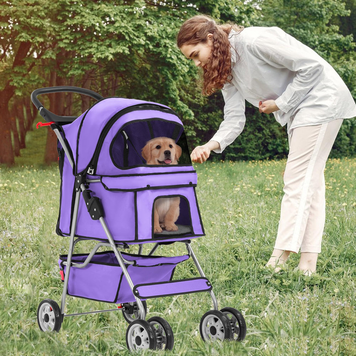 4 Wheel Foldable Pet Stroller (Purple / 4 Wheels)