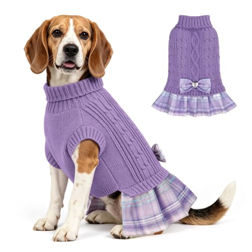 Small Dog Sweater Dress with Bowtie Turtleneck (XX-Large (30-45lbs) / Purple)