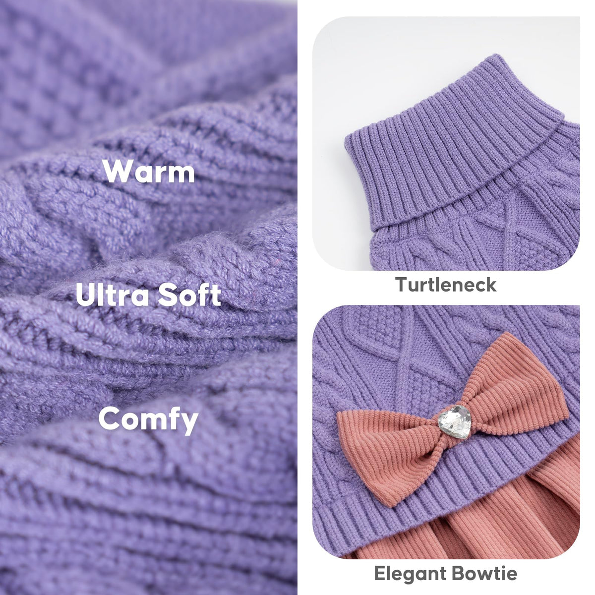 Dog Sweater Dress for Large Dogs Turtleneck Thick Knit Pullover (3XL (70-95lbs) / Light Purple)