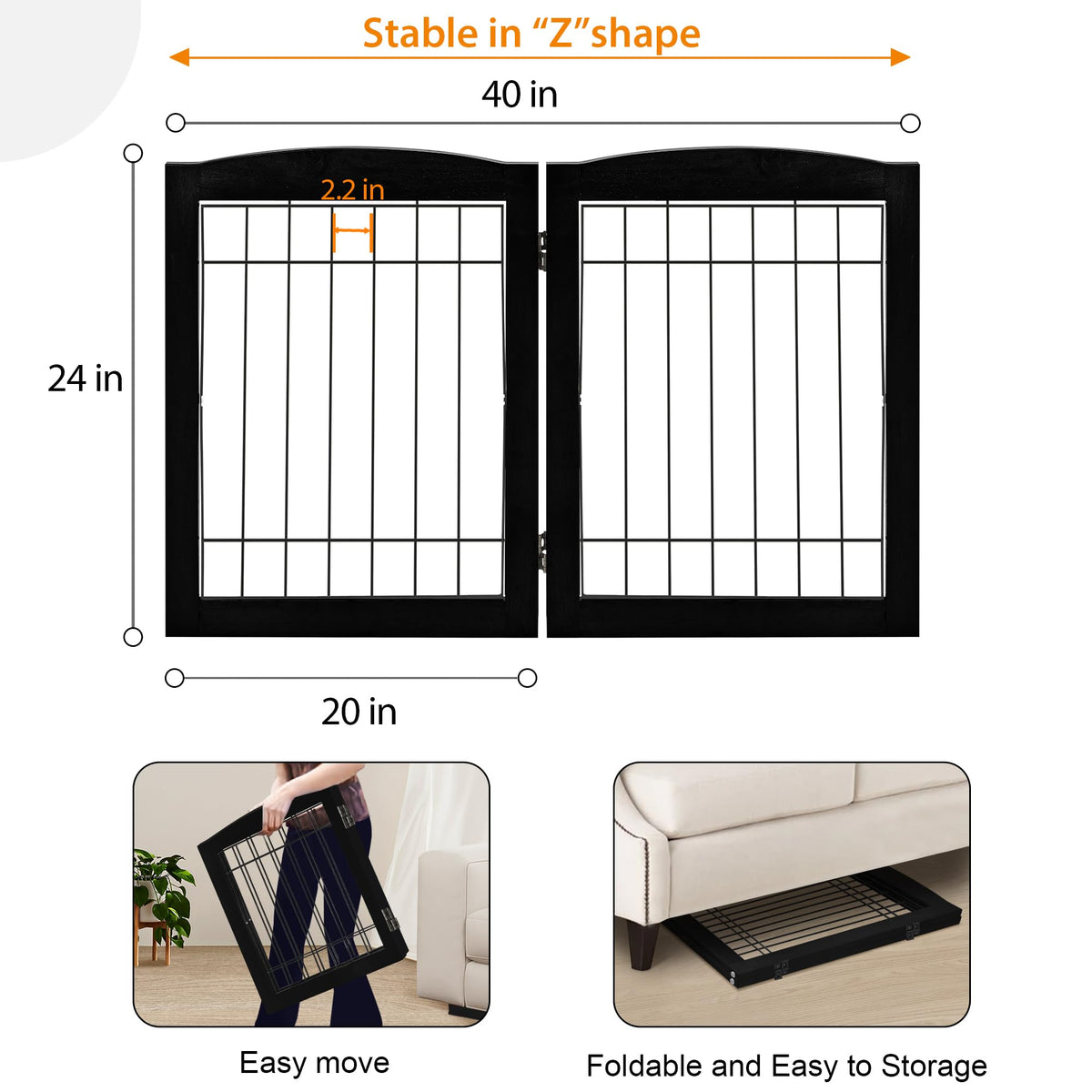 2 Panel Freestanding Foldable Wood Dog Gate (24"Height-2 Panel / Black)