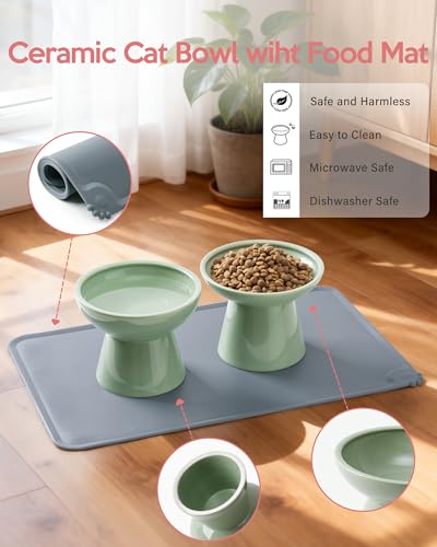2 Pack Elevated Ceramic Cat Bowls Extra Wide for Food & Water + Food Mat Sage Green+Mat (Sage Green+Mat)