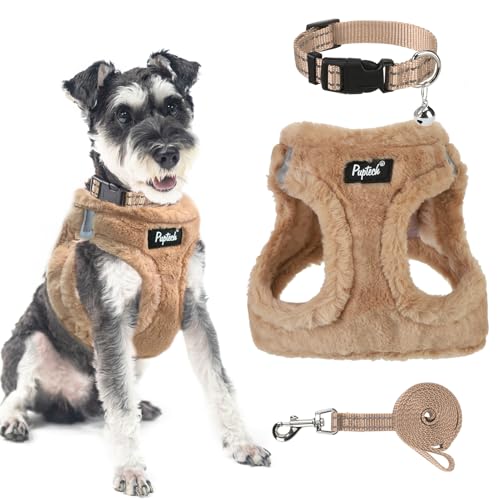 Dog Harness Collar and Leash Set No Pull for Small Medium Sized (Plush Khaki / M (CHEST 16"-18"))