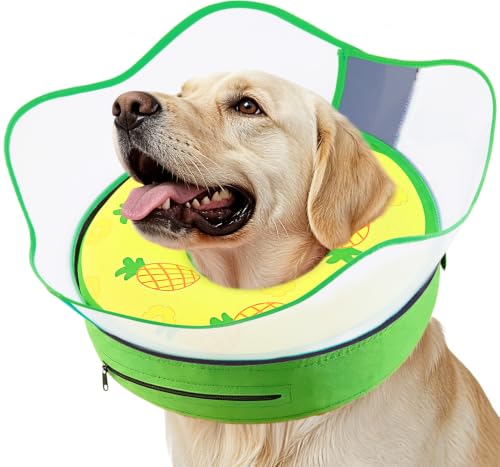 2-in-1 Inflatable Elizabeth Collar for Large Dogs After Surgery, Soft Dog Donut Collar Waterproof, Machine Washable, Portable Dog Cone with Removable Protective Shield(Yellow Pineapple, Large) (Yellow Pineapple / L (Neck 12.5"-15"))