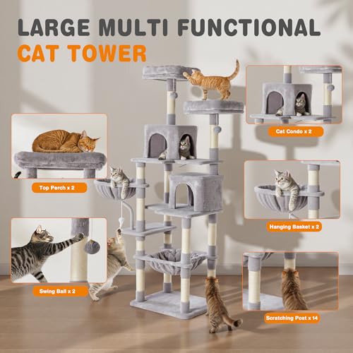 71 Inch Large Cat Tree Tower with Sisal Scratching Post (Light Grey / 71 Inches)