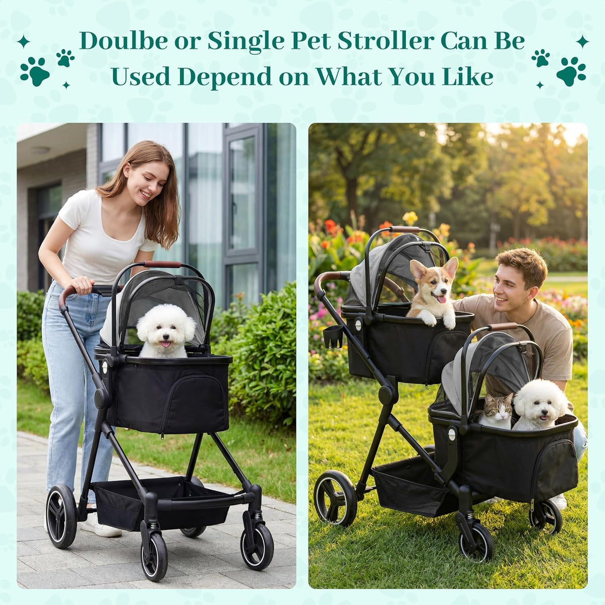 Foldable Double Pet Stroller for 2 Small Medium Cats Dogs (Light Gray / Double)
