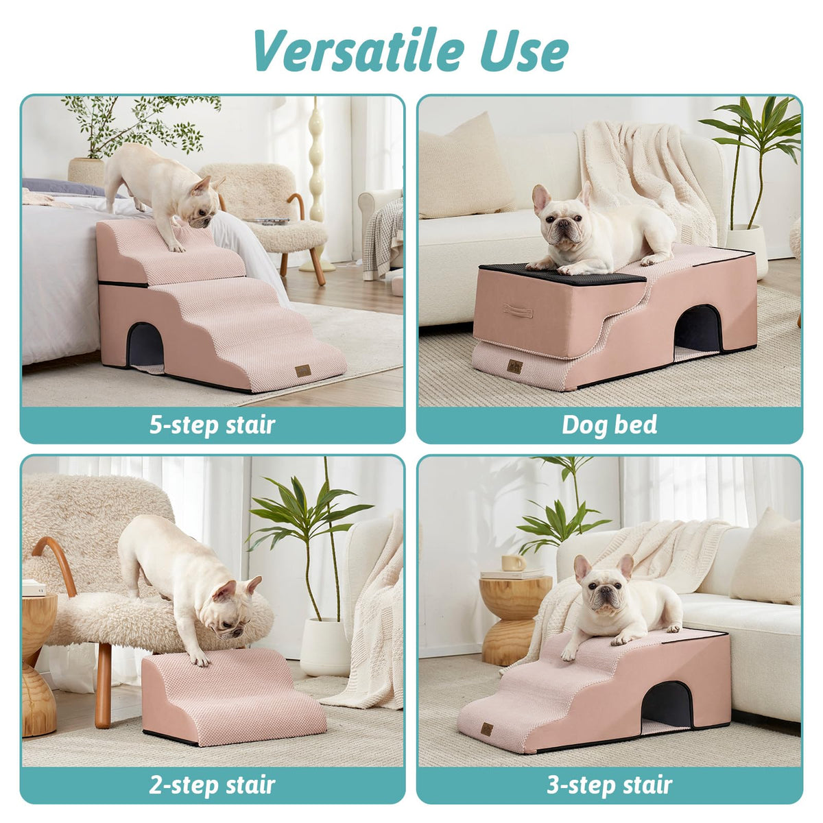 Extra Wide Small Dog Stairs with Tunnel (Pink / Detachable 19.7" x 33" x 22.4")