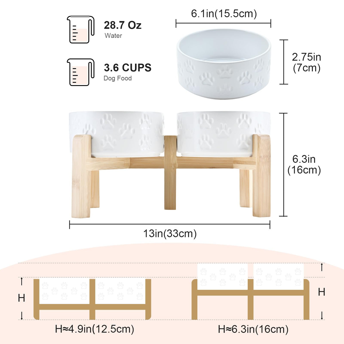 Elevated Dog Bowls Ceramic (6.1 in - 3.6 cups / Paw White)