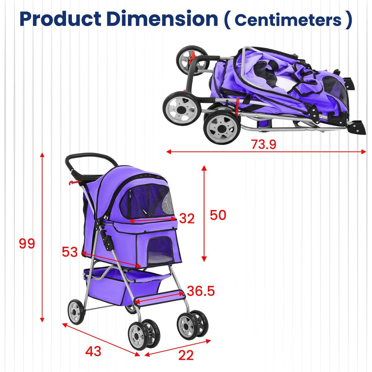 4 Wheel Foldable Pet Stroller (Purple / 4 Wheels)