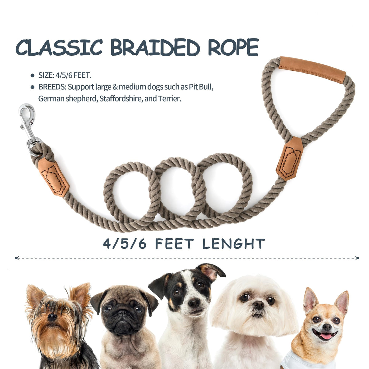 Dog Leash Braided Cotton Rope w (Grayish Camel / 60 Inch-1/2")