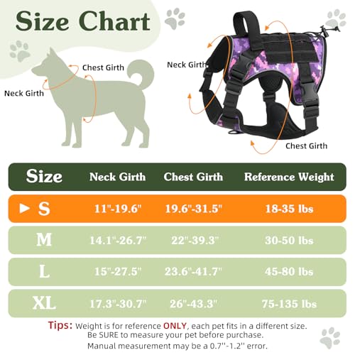 Heavy Duty Tactical Dog Harness for Small Dogs (Purple Camouflage / S (Chest: 19.6-31.5", Neck: 11-19.6"))