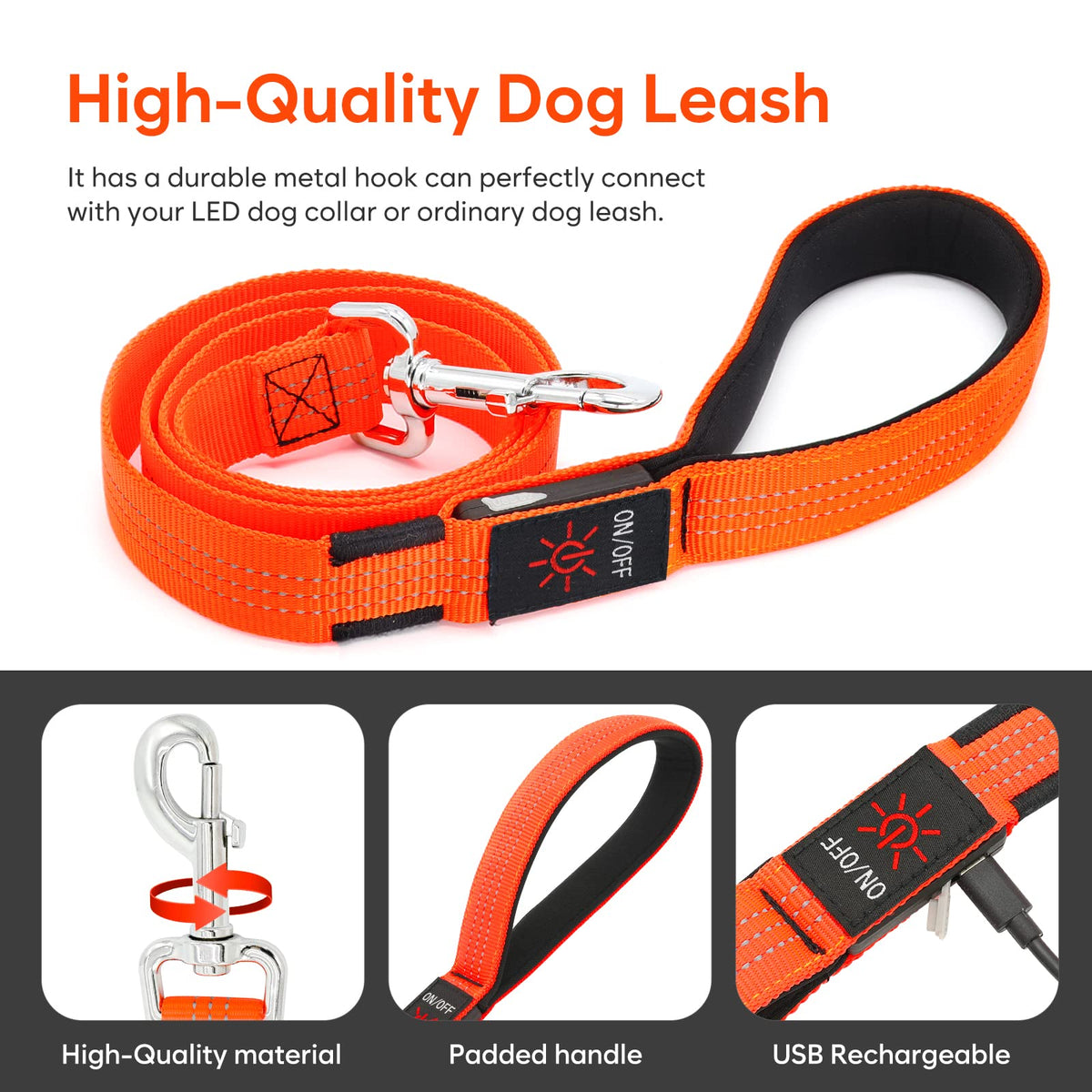 LED Light Up Dog Leash 3 Lighting Modes USB Rechargeable (Orange-3S)