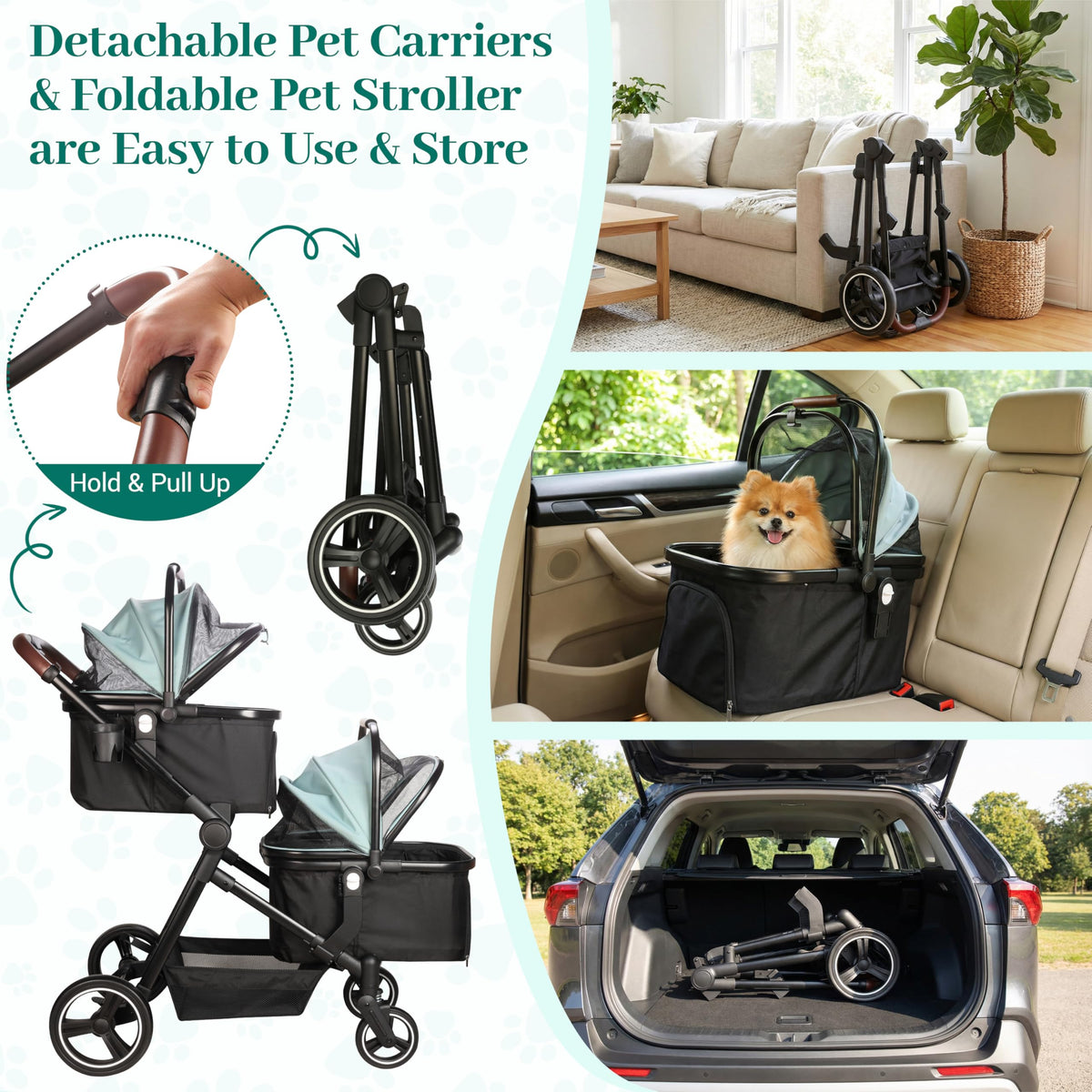 Foldable Double Pet Stroller for 2 Small Medium Cats Dogs (Light Blue / Double)